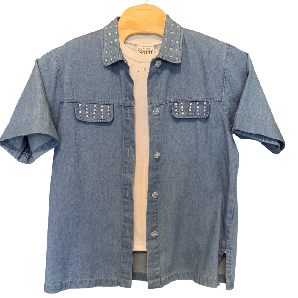 Vintage 90s Denim Rhinestone Embellished Short Sleeve Shirt Set M Mom Grandma‎